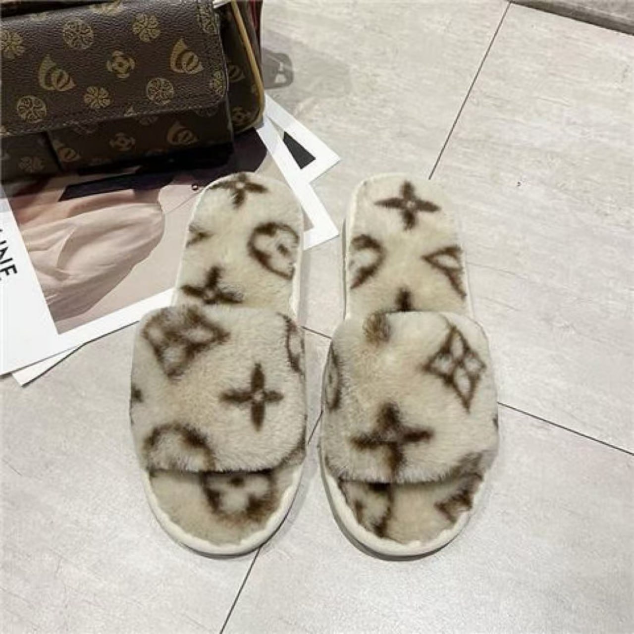 Louis Vuitton Monogram Faux Fur Slippers