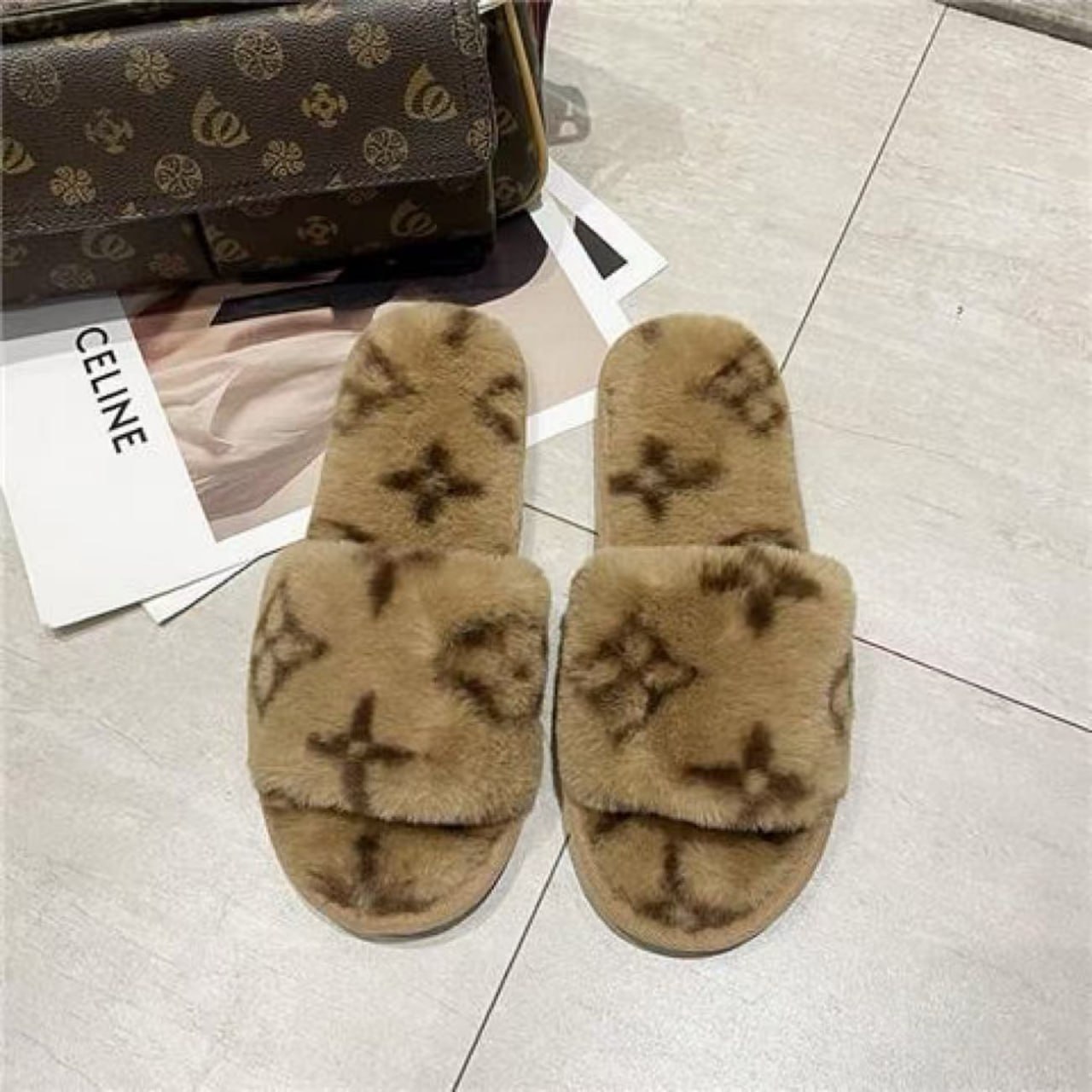 Louis Vuitton Monogram Faux Fur Slippers