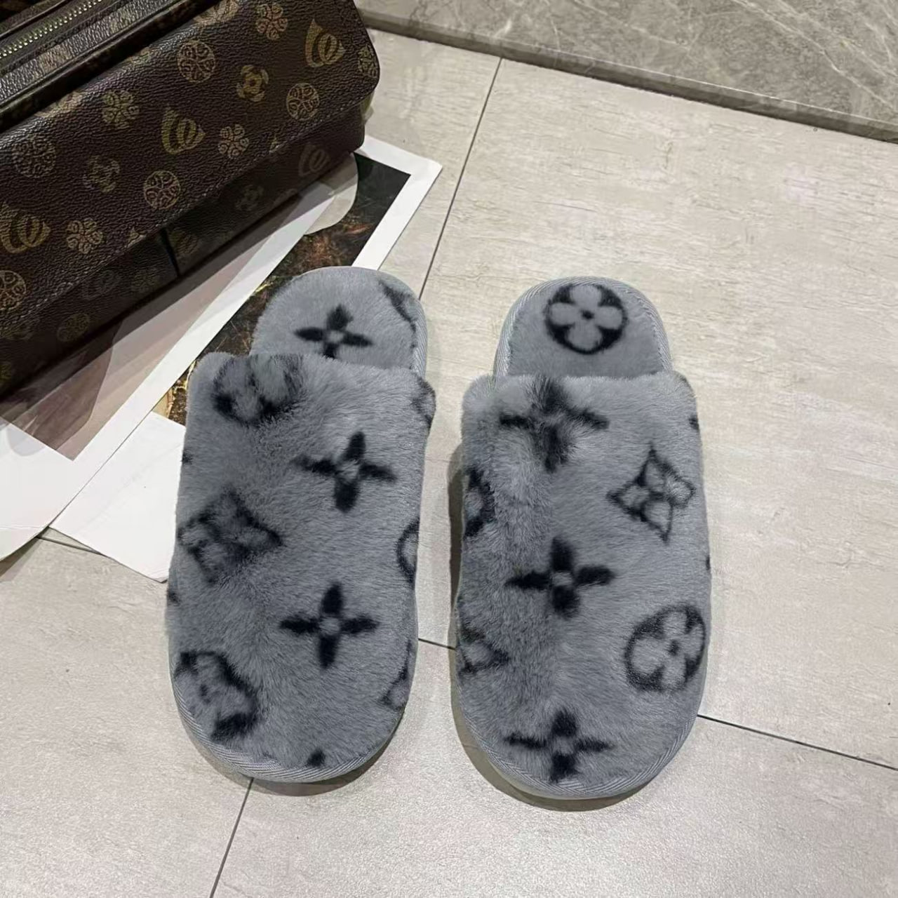 Louis Vuitton Monogram Faux Fur Slippers