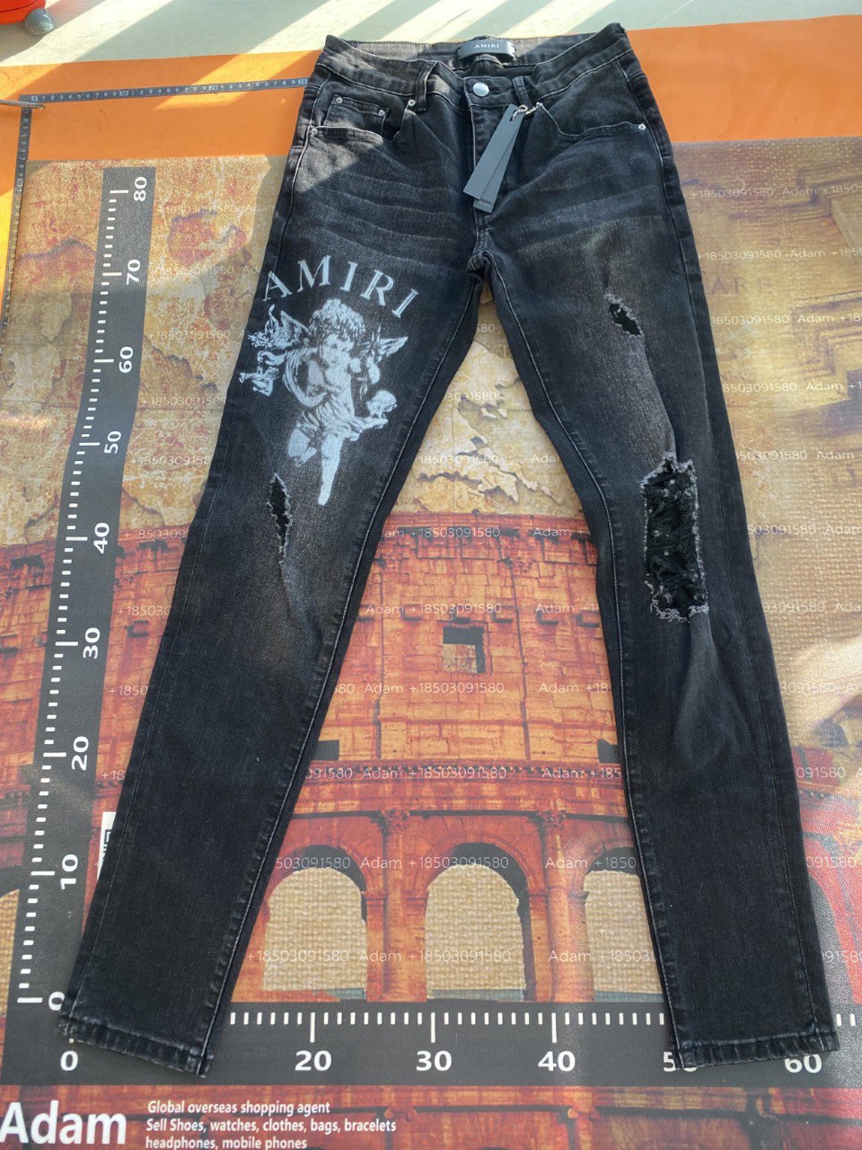 AMIRI Angel Print Distressed Black Jeans