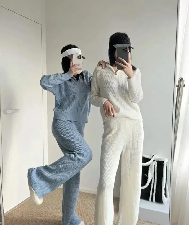 ALO Waffle Knit Sweater & Loose Straight Pants Set [3 styles]