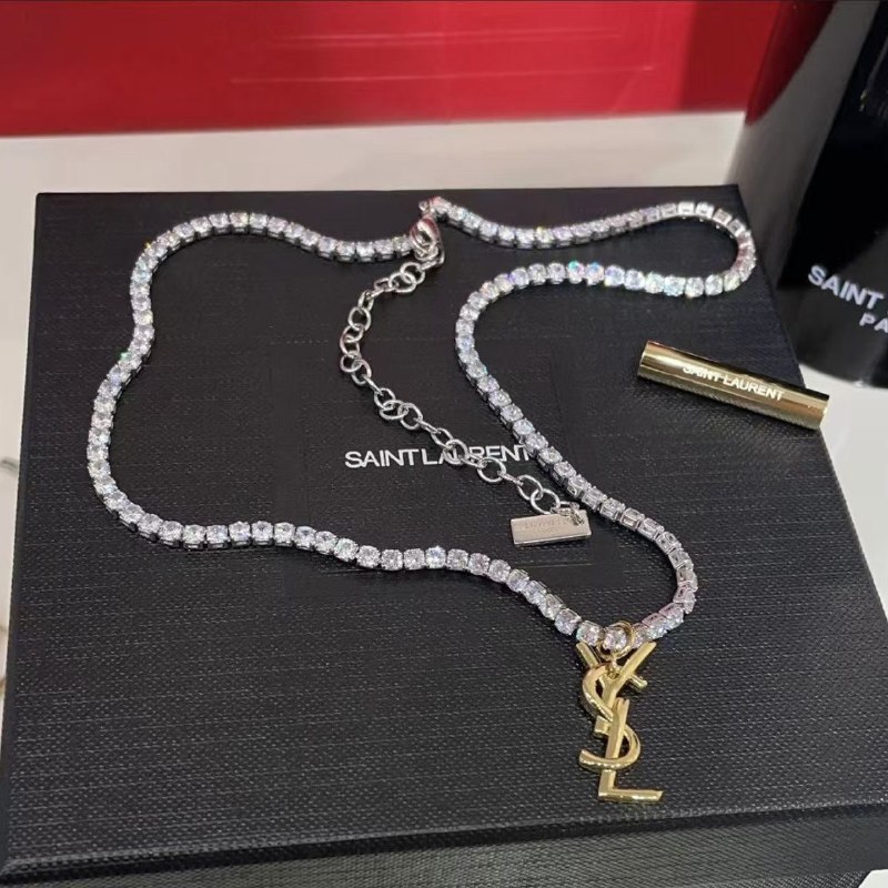Saint Laurent Monogram Crystal Chain Necklace